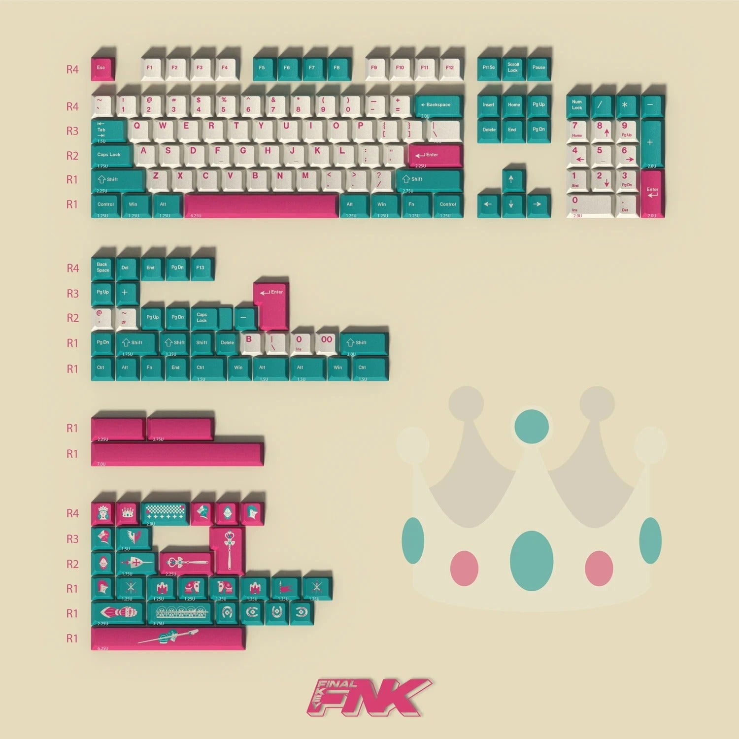 A close-up image of a mechanical keyboard featuring beige keycaps with green and red accents. The keycaps are decorated with knight and princess-themed designs.